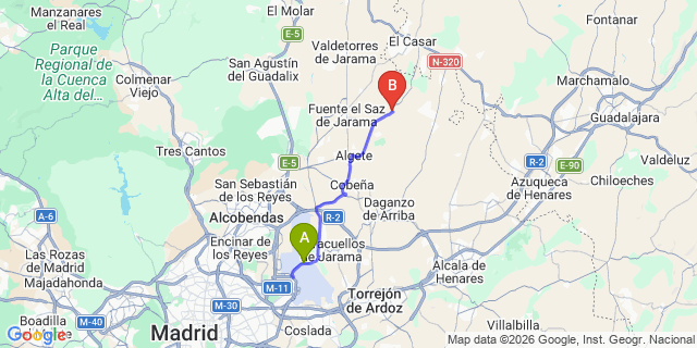 Map: Madrid Airport (MAD) to Valdeolmos - Alalpardo