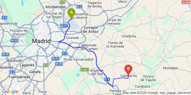 Map: Madrid Airport (MAD) to Valdilecha