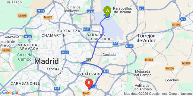 Map: Madrid Airport (MAD) to Vallecas