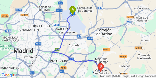 Map: Madrid Airport (MAD) to Velilla de San Antonio