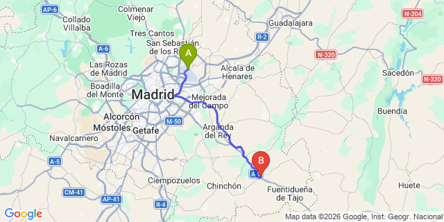 Map: Madrid Airport (MAD) to Villajero del Salvanes