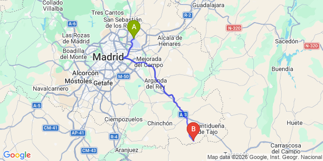 Map: Madrid Airport (MAD) to Villamanrique del Tajo