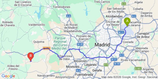 Map: Madrid Airport (MAD) to Villanueva de Perales