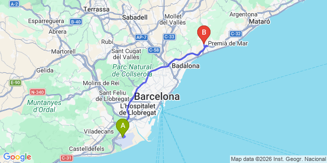 Map: Barcelona Airport (BCN) to Alella