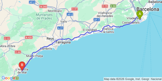 Map: Barcelona Airport (BCN) to Ametlla de Mar