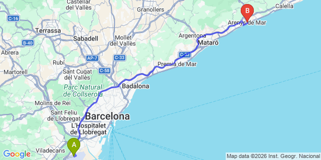 Map: Barcelona Airport (BCN) to Arenys de Mar