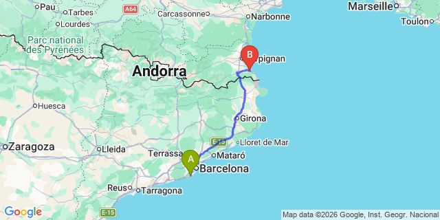 Map: Barcelona Airport (BCN) to Argeles-sur-Mer