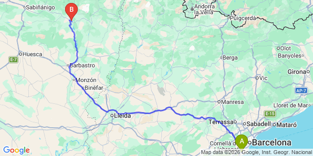 Map: Barcelona Airport (BCN) to Banaston (Ainsa)