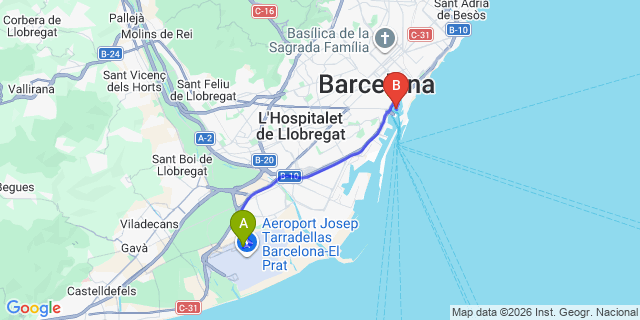 Map: Barcelona Airport (BCN) to Barcelona Cruise Port (Mall de Barcelona)