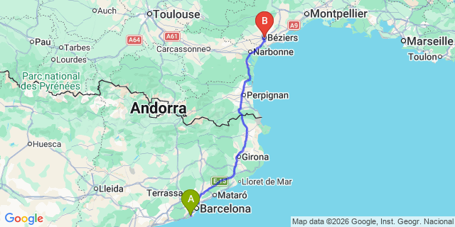 Map: Barcelona Airport (BCN) to Beziers