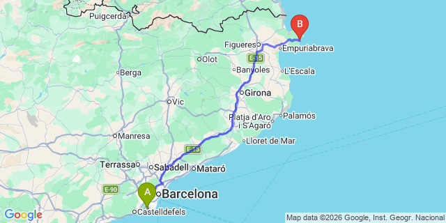 Map: Barcelona Airport (BCN) to Cadaques