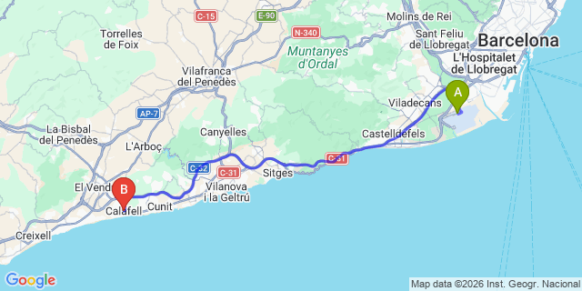 Map: Barcelona Airport (BCN) to Calafell