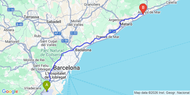 Map: Barcelona Airport (BCN) to Caldes d’Estrac - Caldetes