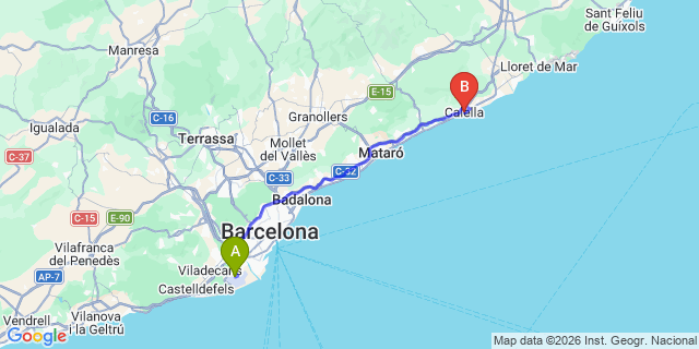 Map: Barcelona Airport (BCN) to Calella (de la Costa)