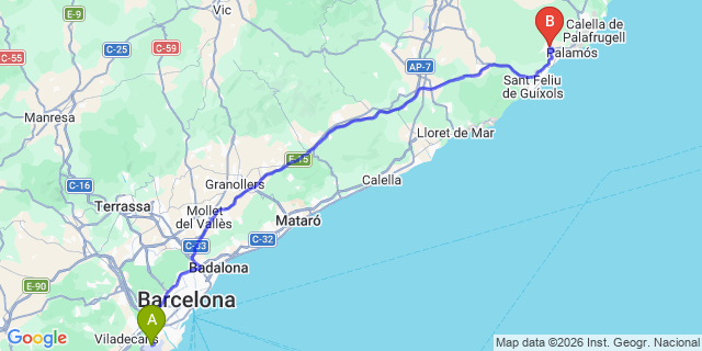 Map: Barcelona Airport (BCN) to Calonge