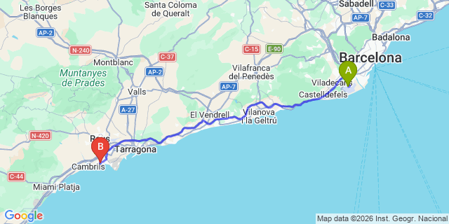 Map: Barcelona Airport (BCN) to Camping Cambrils Park (Cambrils)