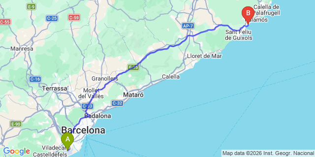 Map: Barcelona Airport (BCN) to Camping Internacional de Calonge