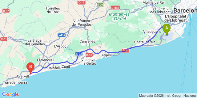 Map: Barcelona Airport (BCN) to Camping Park Playa Bara