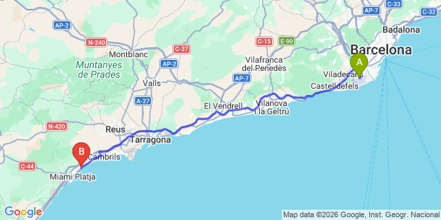 Map: Barcelona Airport (BCN) to Camping Playa Montroig Resort