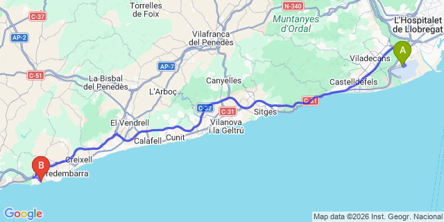Map: Barcelona Airport (BCN) to Camping Tamarit Park