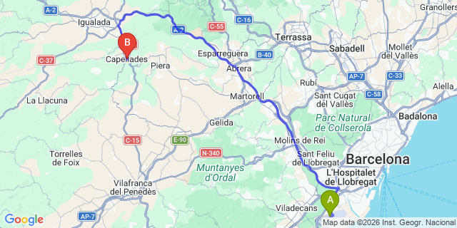 Map: Barcelona Airport (BCN) to Capellades