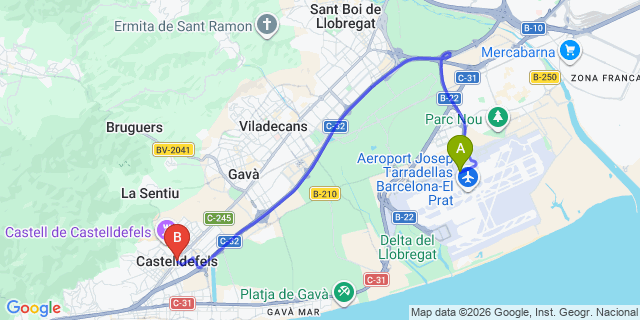 Map: Barcelona Airport (BCN) to Castelldefels