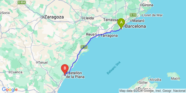 Map: Barcelona Airport (BCN) to Castellon de la Plana