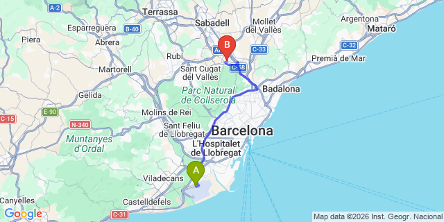 Map: Barcelona Airport (BCN) to Cerdanyola del Valles