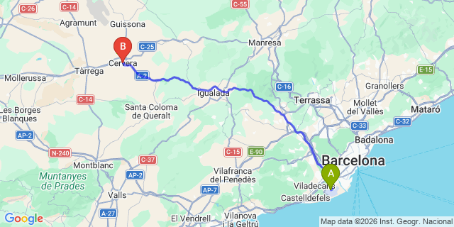 Map: Barcelona Airport (BCN) to Cervera