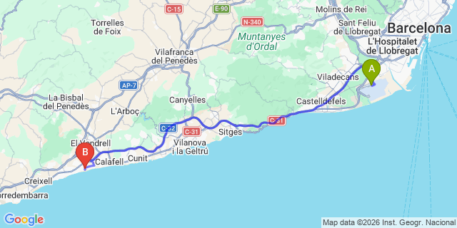 Map: Barcelona Airport (BCN) to Coma Ruga