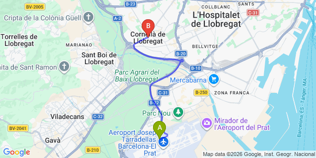 Map: Barcelona Airport (BCN) to Cornella de Llobregat