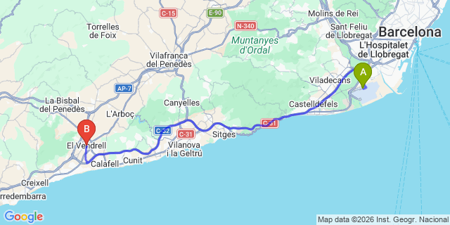 Map: Barcelona Airport (BCN) to El Vendrell