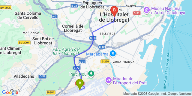 Map: Barcelona Airport (BCN) to Hospitalet de Llobregat