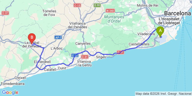 Map: Barcelona Airport (BCN) to La Bisbal del Penedes