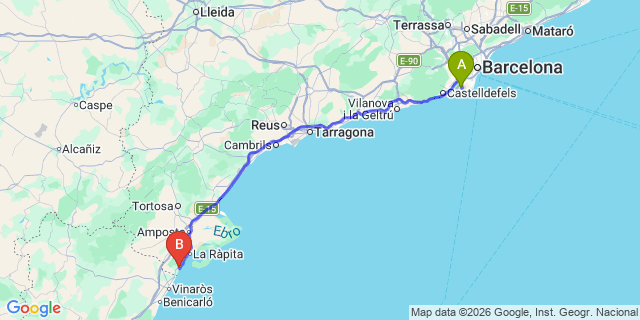 Map: Barcelona Airport (BCN) to Les Cases dAlcanar