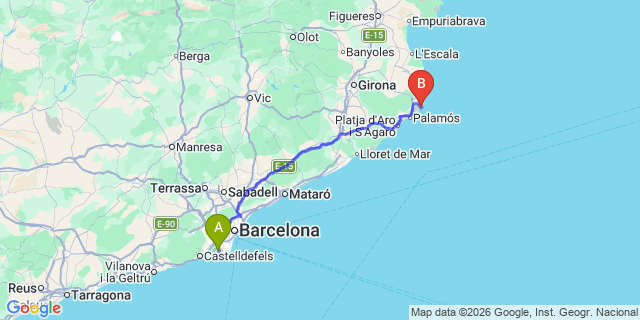 Map: Barcelona Airport (BCN) to Llafranc Palafrugell