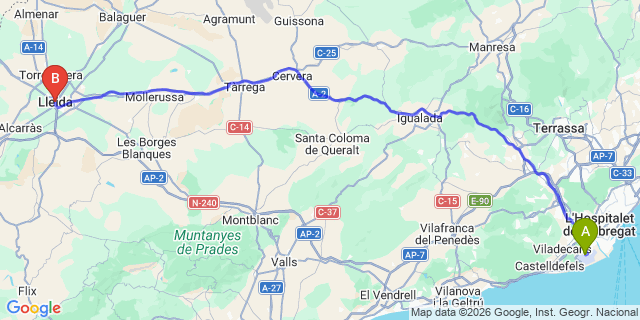 Map: Barcelona Airport (BCN) to Lleida