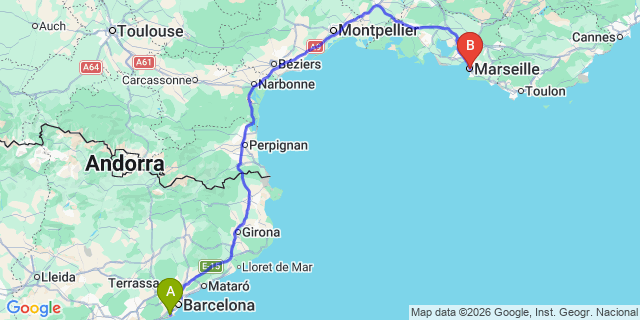 Map: Barcelona Airport (BCN) to Marseille