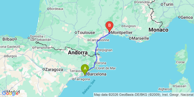 Map: Barcelona Airport (BCN) to Montpellier