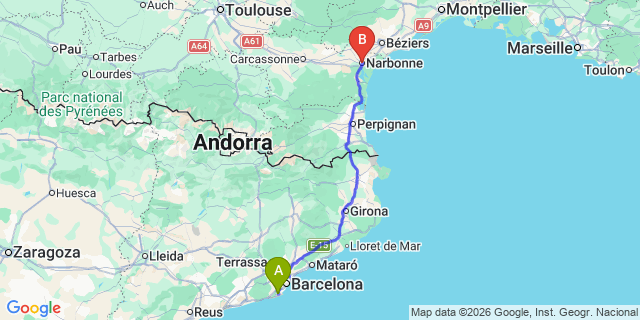 Map: Barcelona Airport (BCN) to Narbonne