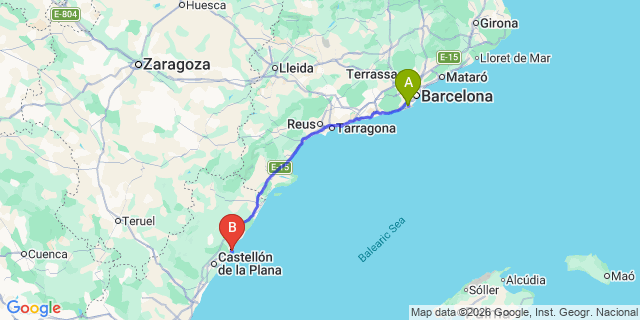 Map: Barcelona Airport (BCN) to Oropesa del Mar