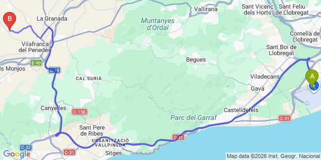 Map: Barcelona Airport (BCN) to Pacs del Penedes