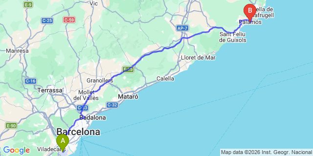 Map: Barcelona Airport (BCN) to Palamos