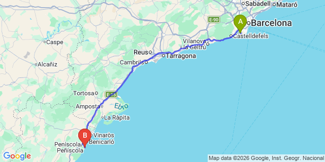 Map: Barcelona Airport (BCN) to Peniscola