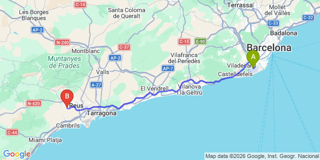 Map: Barcelona Airport (BCN) to Riudoms