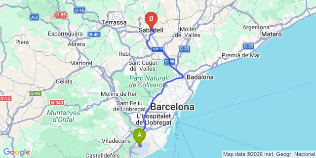 Map: Barcelona Airport (BCN) to Sabadell