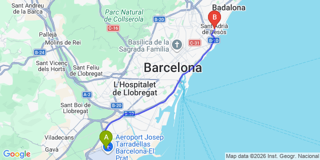 Map: Barcelona Airport (BCN) to Sant Adria de Besos