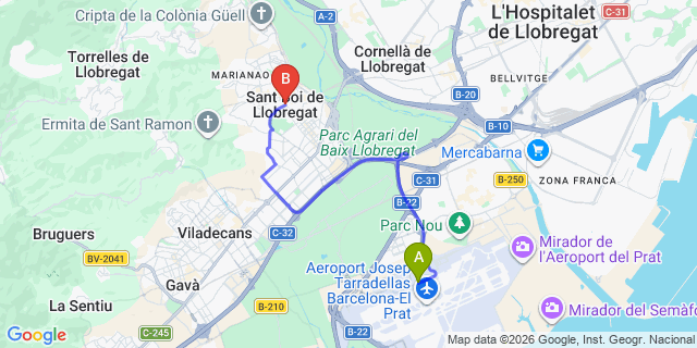 Map: Barcelona Airport (BCN) to Sant Boi de Llobregat