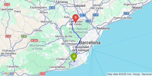 Map: Barcelona Airport (BCN) to Sant Cugat del Valles