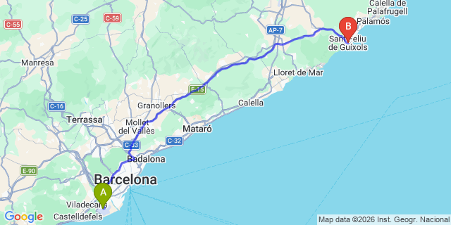 Map: Barcelona Airport (BCN) to Sant Feliu de Guixols